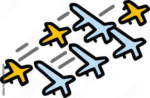 Many airplanes flying in formation blue and yellow