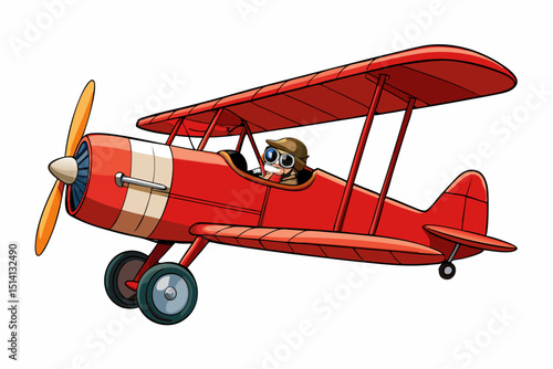 Red biplane flying high cartoon illustration
