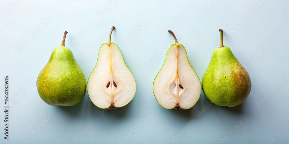 A vibrant still life showcasing three whole pears and two halved pears, arranged in an alternating pattern against a serene light-blue background. A vibrant still life showcasing three whole pears and two halved pears, arranged in an alternating pattern against a serene light-blue background.