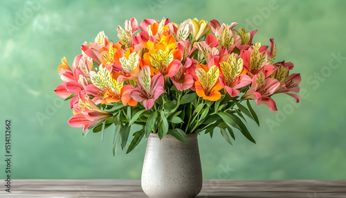 Wallpaper Mural Beautiful alstroemeria flowers in vase on wooden table against green background Torontodigital.ca