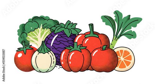 Stylized vector illustration of fresh produce for organic food packaging. Slightly retro vibe, bold outlines, flat colors with subtle textures, slightly imperfect shapes. 
