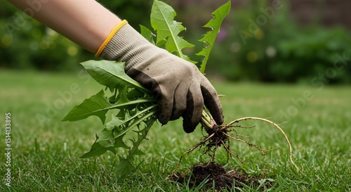 Close up of a gloved hand pulling a dandelion weed with its root system from a green lawn. Gardener performing lawn care and maintenance by manually removing unwanted plants.