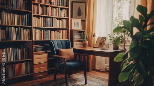 Wallpaper Mural Warm-toned home office with chair, wooden desk, tall bookshelf, and soft natural lighting feels and focused Torontodigital.ca