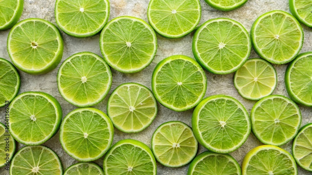 A vibrant collection of lime slices arranged on a textured surface, showcasing their juicy interiors and zesty freshness. A vibrant collection of lime slices arranged on a textured surface, showcasing their juicy interiors and zesty freshness.