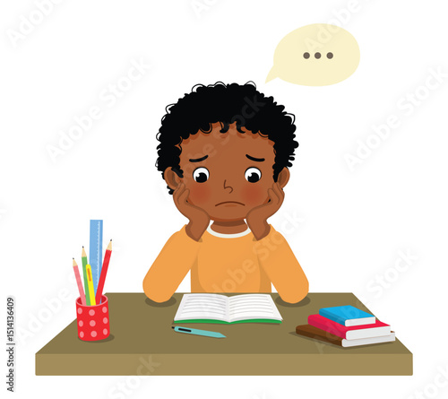 Little African boy feeling tired, bored, lazy studying and doing math homework at the desk at home