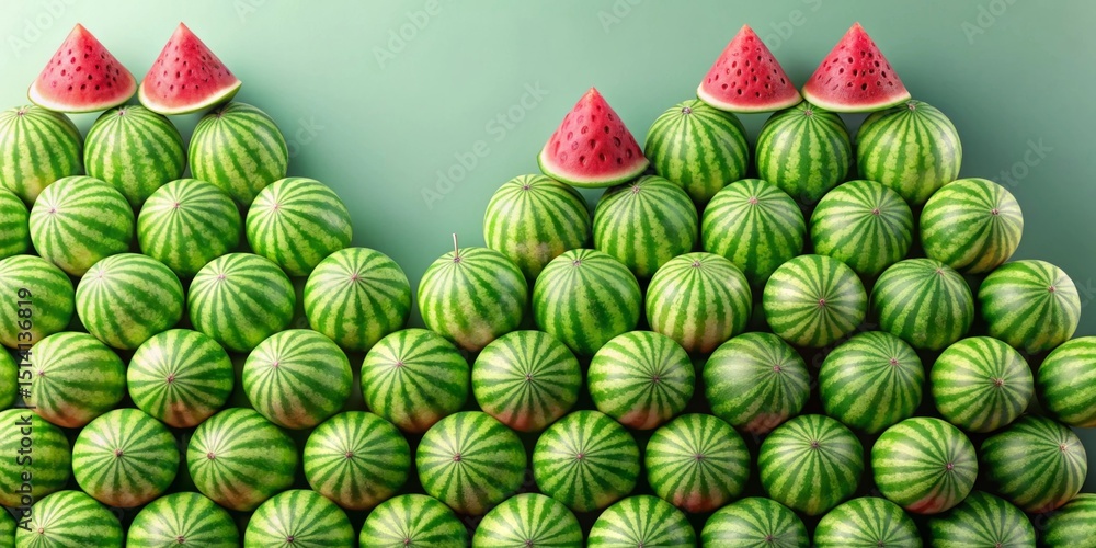 Fototapeta premium A vibrant arrangement of numerous watermelons forming a unique pattern, with several watermelon slices strategically placed atop the pile, creating a striking visual display of summer fruit.