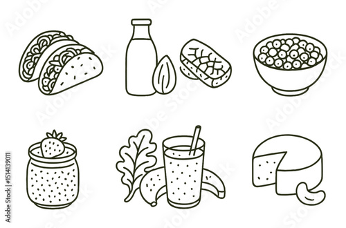 Vegan delights outline icons set – plant-based, healthy eating and organic food symbols