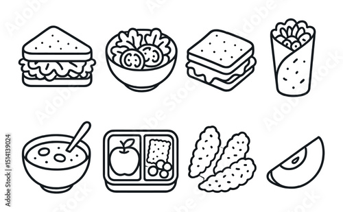 Lunch and snack outline icons set – meal, dining and food line style graphics