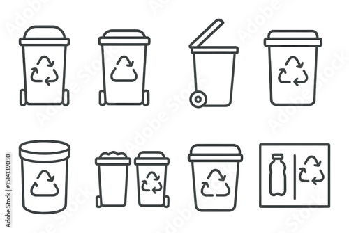 Recycling bins outline icons set – waste management, eco-friendly, trash symbols