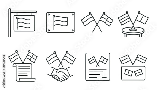 Diplomatic flag symbols outline icons set – silhouette, international and banner style