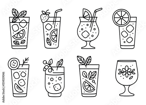 Refreshing mocktail silhouette icons set – linear, drink and beverage graphics
