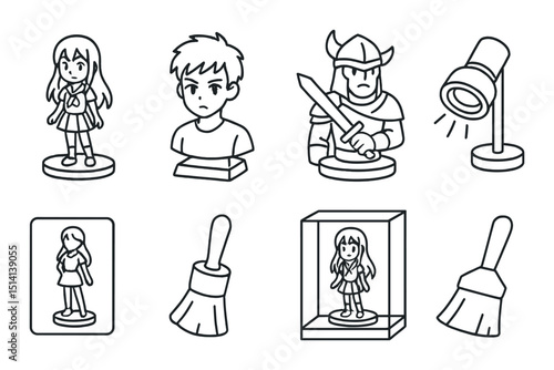 Anime figurine outline icons set – silhouette, character and display collection