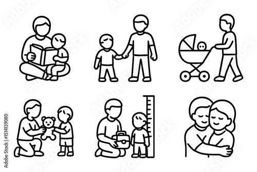 Family and parenting outline icons set – linear, silhouette and nurturing symbols