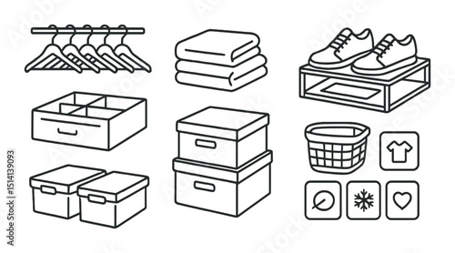Closet organization linear icons set – outline, storage, and tidying symbols