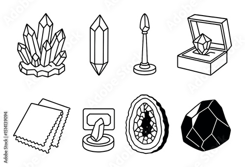 Crystal and gem silhouette icons set – outline, precious minerals and gemstone symbols