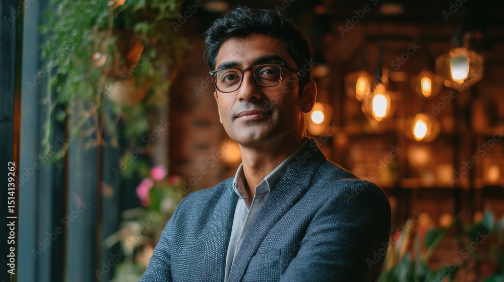 A confident professional posing in a stylish cafe with warm lighting and greenery, Young Indian Businessman Confident in Happiness at Work, A confident professional posing in a stylish cafe with warm lighting and greenery, Young Indian Businessman Confident in Happiness at Work,