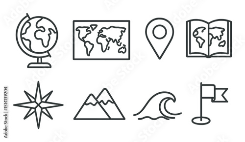 Geography education icon set in silhouette style. map and navigation symbols
