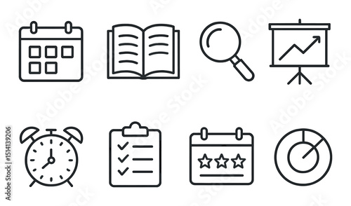 Academic planner line icons set – outline, education and scheduling symbols