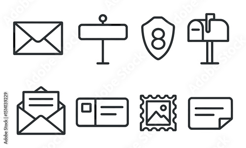 Mailing address outline icons set – envelope, postal and communication symbols