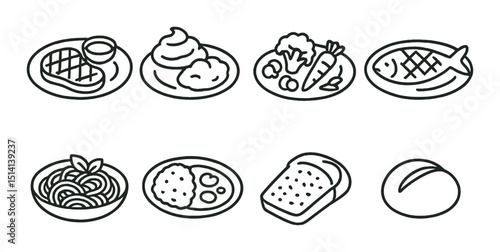 Delicious dinner silhouette icons set – simple, meal and cuisine design elements