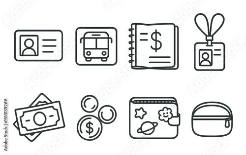 Student wallet essentials icons set – outline, finance and school supply symbols