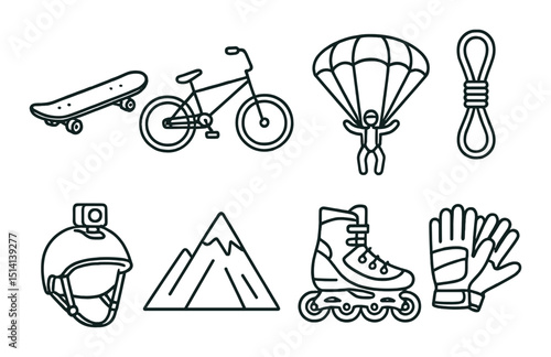 Extreme sports outline icons set – silhouette, adventure and outdoor activity symbols