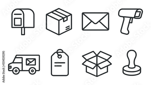 Postal services silhouette icons set – mail, delivery, and package symbols