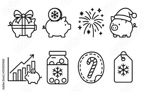 Festive piggy silhouette icons set – holiday, savings and celebration symbol collection