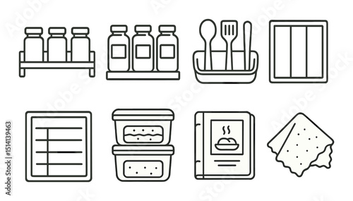 Kitchen organization outline icons set – simple, storage, and pantry management graphics