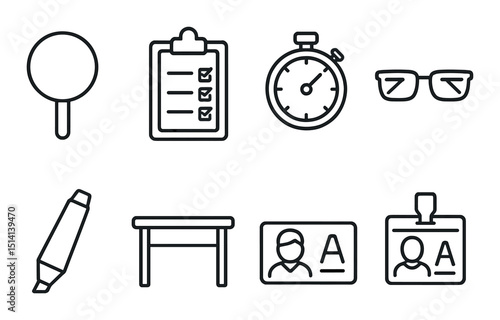 Debate and judge essentials linear icons set – simple courtroom, law symbols