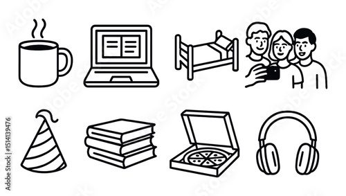 College life essentials outline icons set – student, campus living, academic symbols