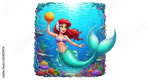 Mermaid playing water polo underwater with coral reef background