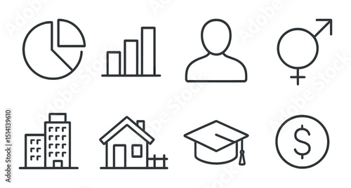 Demographic data silhouette icons set – analytics, population and statistics collection