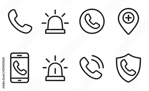 Emergency contact outline icons set – silhouette, phone and alert symbol designs