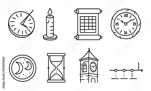 Ancient timekeeping outline icons set – calendar, clock, historical symbols collection
