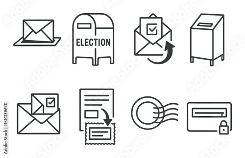 Mail-in ballot outline icons set – vote, election and postal voting symbols