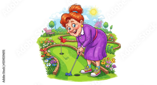 elderly woman playing mini golf on colorful course outdoors
