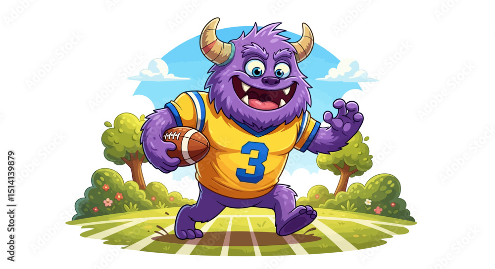 Purple monster playing football in a garden scene
Purple monster playing football in a garden scene