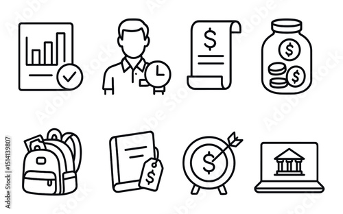 Student budget planning icons set – outline, financial management and saving symbols