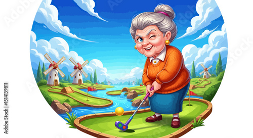 Old woman playing mini golf in vibrant landscape
