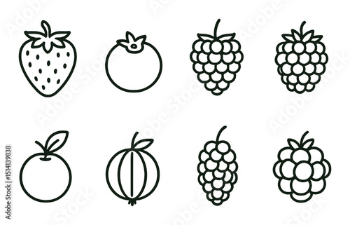 Berry and fruit linear icons set – outline, nature and organic symbols