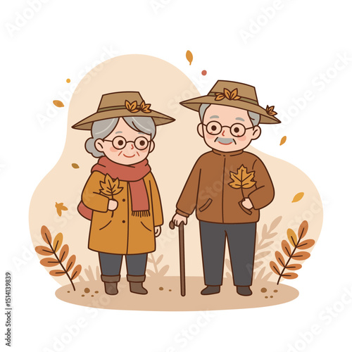 Senior couple standing together with autumn leaves in a park  