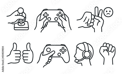 Gaming hand icons set – outline, controller, joystick, simple gesture designs