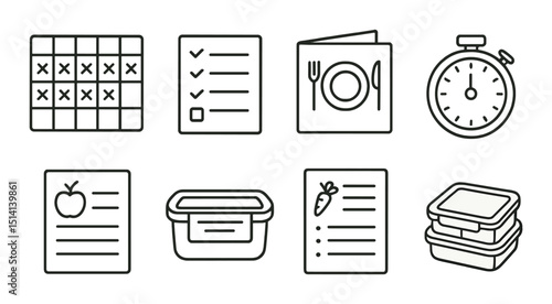 Weekly meal planning icons set – outline, simple food and organization symbols