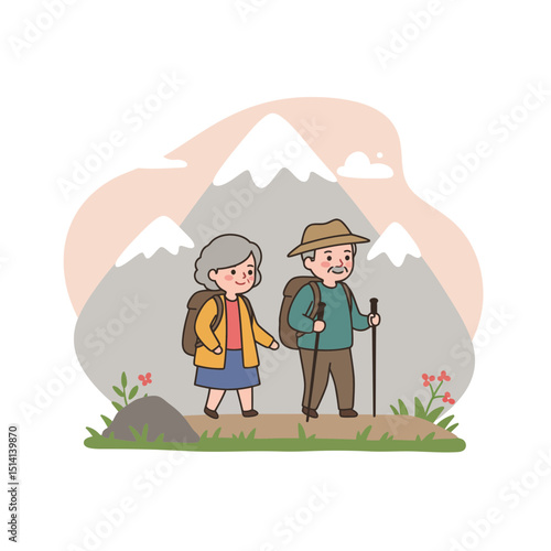 Senior couple hiking on mountain trail with backpacks and smiles  