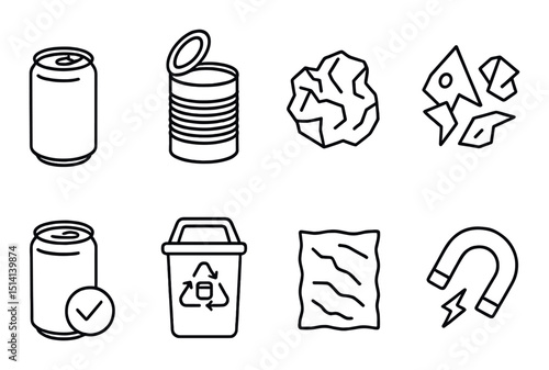 Metal recycling silhouette icons set – waste management, eco-friendly symbols