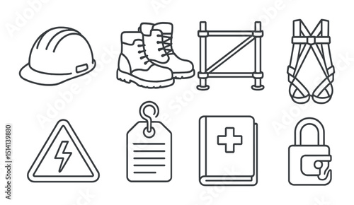 Construction safety icons set – silhouette, protection, workplace hazard symbols