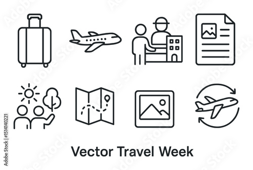 Travel and tourism outline icons set – trip, vacation and journey planning symbols