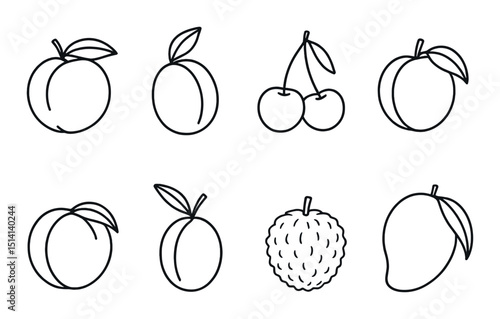 Stone fruit outline icons set – simple, linear, minimal fruit illustrations