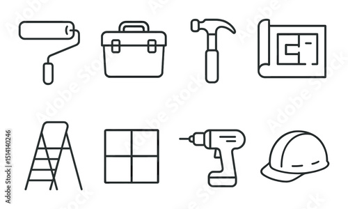 Renovation and toolkit linear icons set – outline, repair and construction symbols